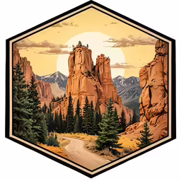 a poster with mountains and trees on the outside of it