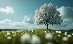 this is a tree and flowers in the grass