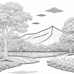 this is an illustration of a mountain near trees,black and white landscape depicting trees, mountain and river