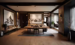 a living room with wooden floors and wallpaper and pictures on the walls
