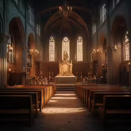 an old church with pews and lights