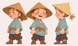 little girl is standing with three hats on her head