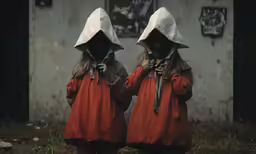two young women wearing red outfits standing outside