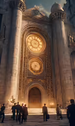 the entrance of an ornate building with a clock inside