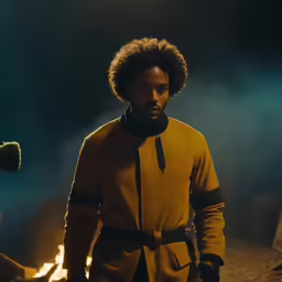 the star trek character is standing alone with his coat on
