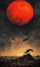 two bats fly towards the moon with their fangs out
