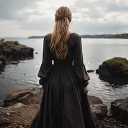 a woman is standing on rocks looking out at the water