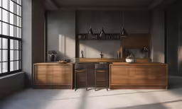 an empty room with chairs next to a cabinet