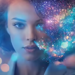 a woman holding her head covered in some stars