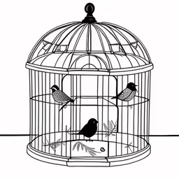 a bird in a cage is looking at the ground,a bird cage with three birds inside it