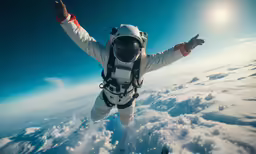 an astronaut is flying through the sky with his arms raised