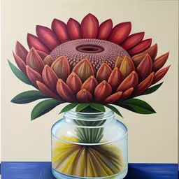 there is a painting that is of a flower in a vase,large pink flower sits in a glass vase