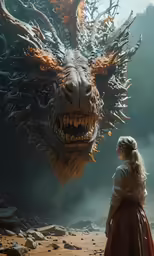 there is a woman watching a large dragon that has its mouth open