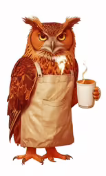 an owl in an apron holding a cup of coffee