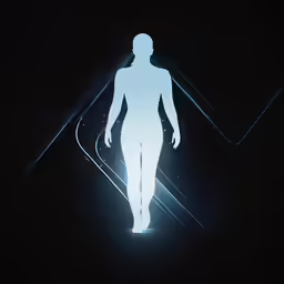 an abstract man in a dark room is depicted by a glowing figure