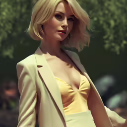 a woman with blonde hair and a short yellow dress
