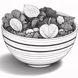 a black and white drawing of a bowl with fruits in it