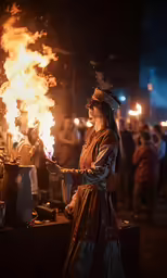 a lady that is standing in the dark holding something