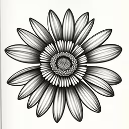 the black and white image shows a large flower,a drawing of a flower made from pencil and ink