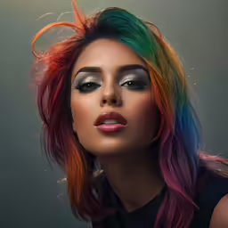 a woman with multi colored hair and make - up looks into the distance
