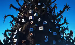 a tree is decorated with odd shapes and shapes