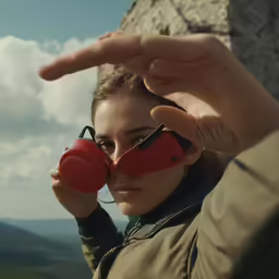 a woman that is holding up her eyeglasses