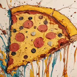 the partially eaten pizza with blue, orange, and black toppings is covered in oil
