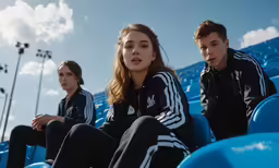 a man and woman sitting in the stands of an empty bleachers