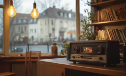 an old radio set sits on a bookshelf in front of a large window with several book cases and lightbulbs
