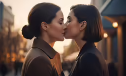 two women kissing each other with one on her cheek