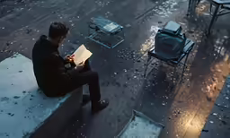a man sitting on a stone bench reading
