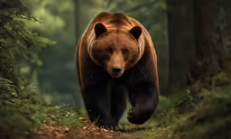 a bear running on some dirt ground in the woods