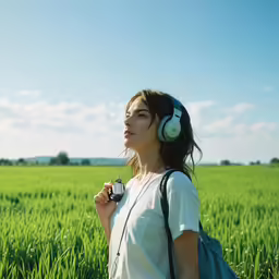 a woman standing in a field while wearing headphones