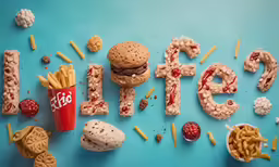 a sandwich, macaroni and cheese crackers and peanuts are displayed next to a cup with a drink