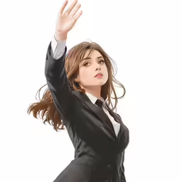 a girl in a suit poses for the camera