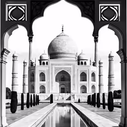 a building with columns and a water pool in front