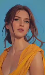 a woman with red hair, wearing a yellow shirt
