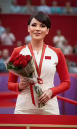 a woman in uniform holding roses and posing for the camera