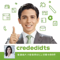 the poster depicts a smiling businessman and symbols above him