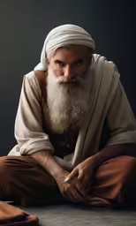 a bearded, middle aged man in a white turban