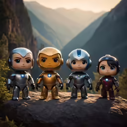 an assortment of 5 toys sit atop of a rock