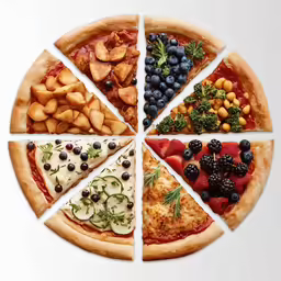 a pizza pie has many different fruits on it