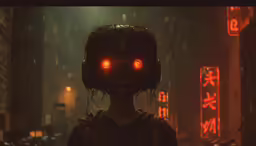 an evil looking robot in a city at night