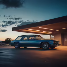 an older car sits in front of a gas station
