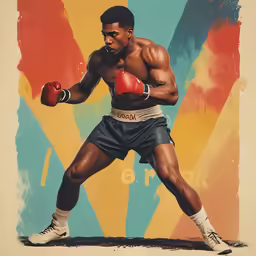 the painting of the boxer in blue trunks and white sneakers, has a large boxing glove