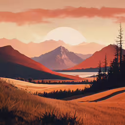 a mountain scene that has some trees and hills,there is a view of a field and mountains