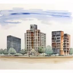 the painting shows several tall buildings on a small island,the drawing shows a city with many tall buildings,painting of the view from an apartment complex,the painting shows a city with a lot of tall buildings,a painting of an urban area with buildings