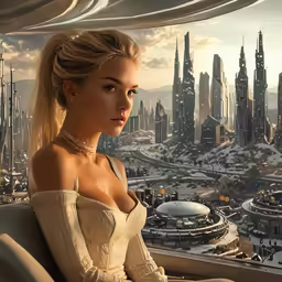 a blonde woman sits in a chair looking out over a city skyline