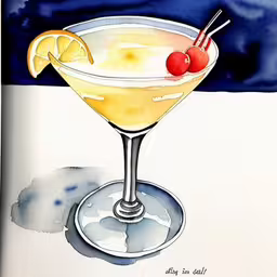 a picture of a drink on the beach,a drawing of a martini glass with an orange slice and a cherry on the rim,the yellow drink has cherries in it,a watercolor drawing of a margarita cocktail,a drink in a wine glass with two cherries on the rim