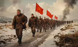 soldiers walking down the road in front of flags